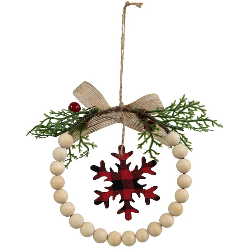 Buffalo Plaid Snowflake Wooden Beads Christmas Wreath Ornament - 7" - 5.5"