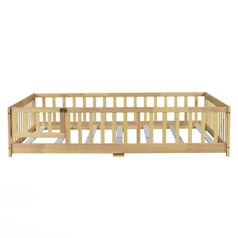Full Size Floor Bed with Fence and Door,Rubber Wood Floor Bed with Safety Guardrails