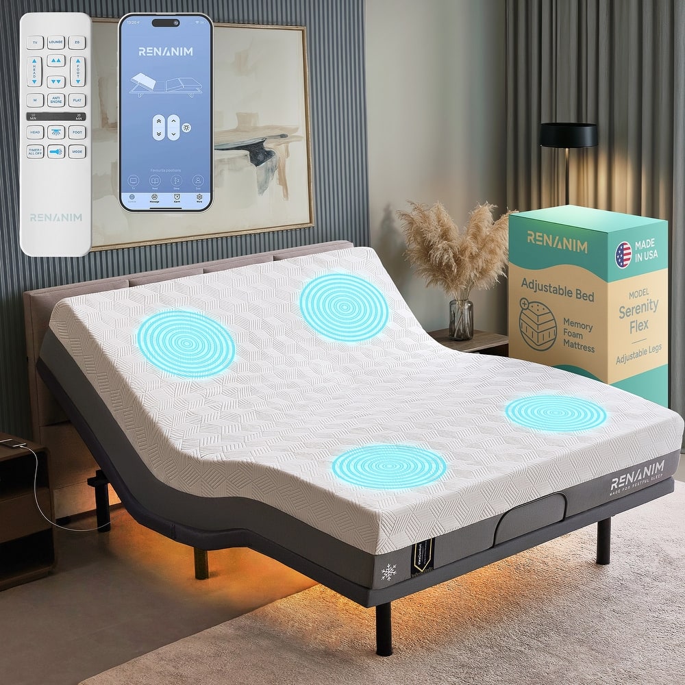 Renanim Adjustable Bed Frame with 14-inch Hybrid Mattress, Dual Massage, USB Ports, App Control, Underbed Light, Remote