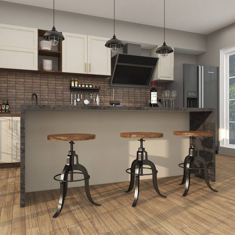 Black Metal Vintage Industrial Inspired Stool with Brown Adjustable Wood Seat