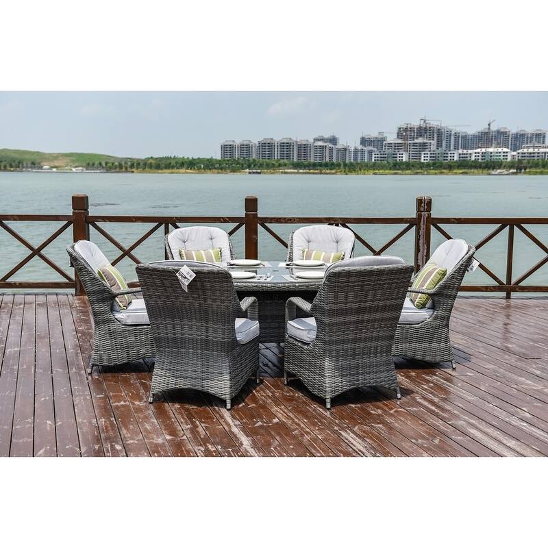 Moda 7-Piece Patio Wicker Oval Dining Table Set with Cushions