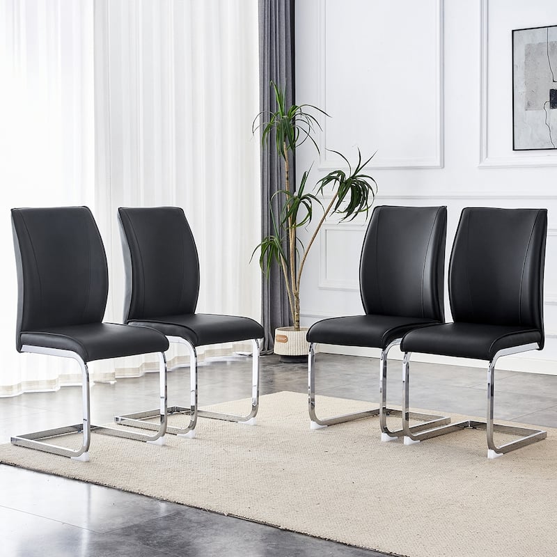 4PCS PU Dining Chairs With Silver Legs - Black