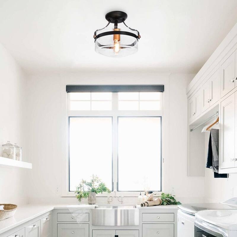 1-Light Round Glass Semi Flush Ceiling Light - 11" Black Farmhouse
