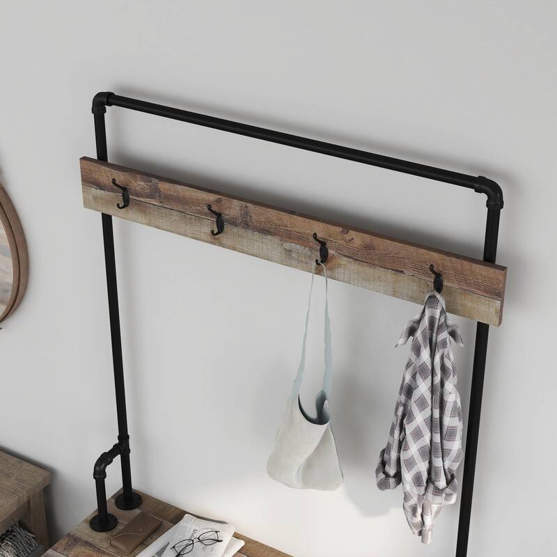 DH BASIC Industrial Barnwood Iron Entryway Bench with Coat Rack by Denhour