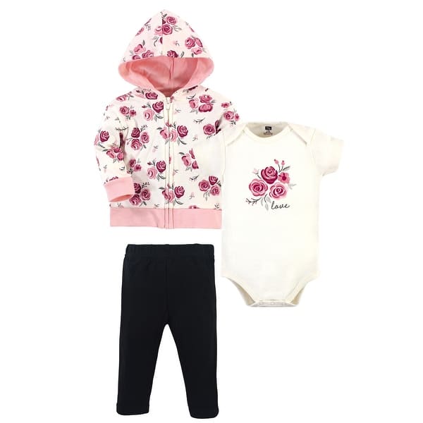 slide 1 of 1, Hudson Baby Infant and Toddler Girl Cotton Hoodie, Bodysuit or Tee Top and Pant Set, Rose Baby 0-3 Months - Rose Baby