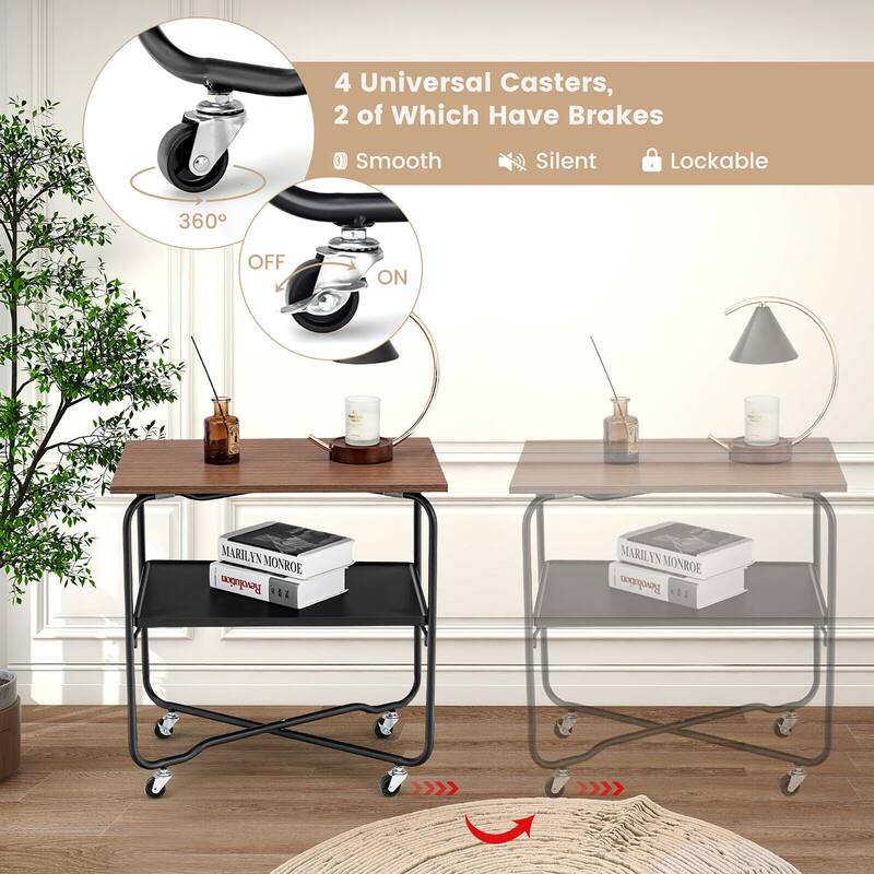 Gymax 2-Tier Folding Rolling Cart Kitchen Utility Cart Tool-Free