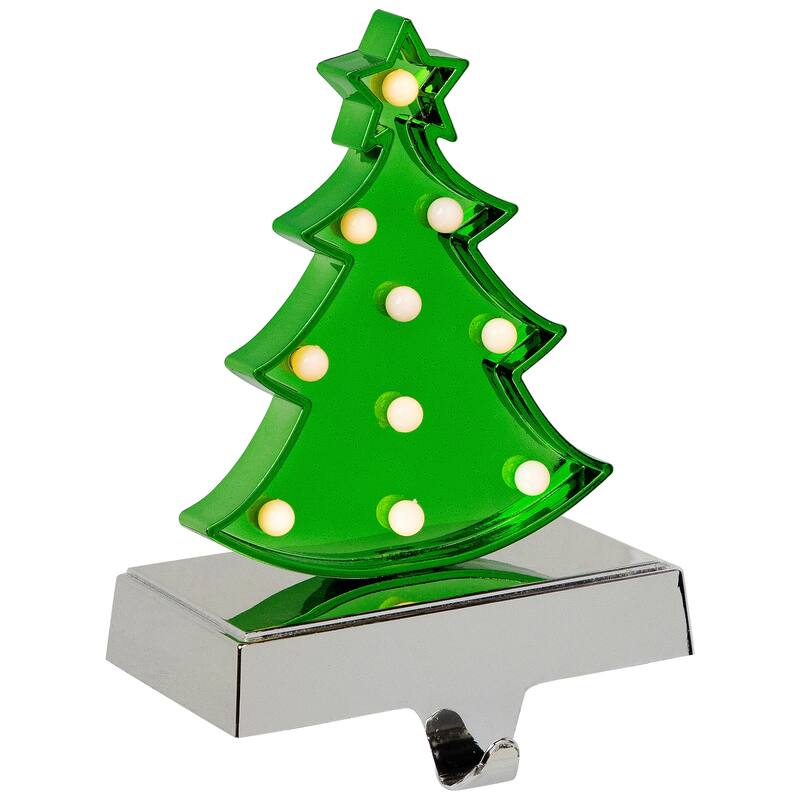 LED Lighted Shiny Christmas Tree Stocking Holder - 7" - Silver and Green