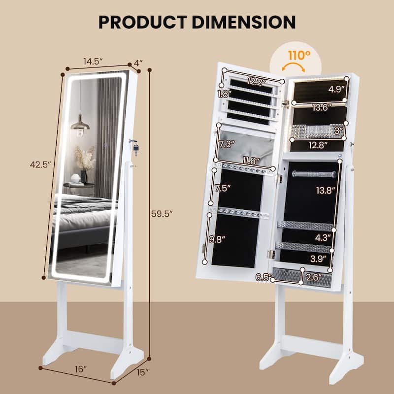 Costway LED Mirror Jewelry Cabinet Organizer Armoire Standing with - See Details