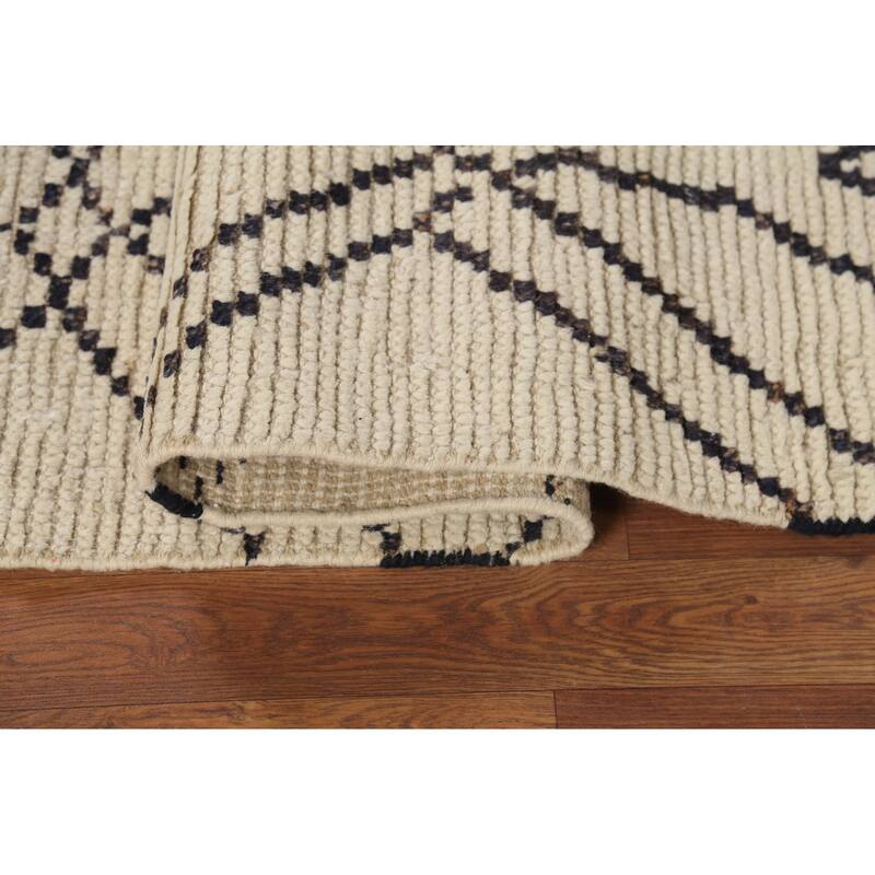 Ivory Striped Moroccan Oriental Rug Hand-Knotted Wool Carpet - 3'11"x 6'8"