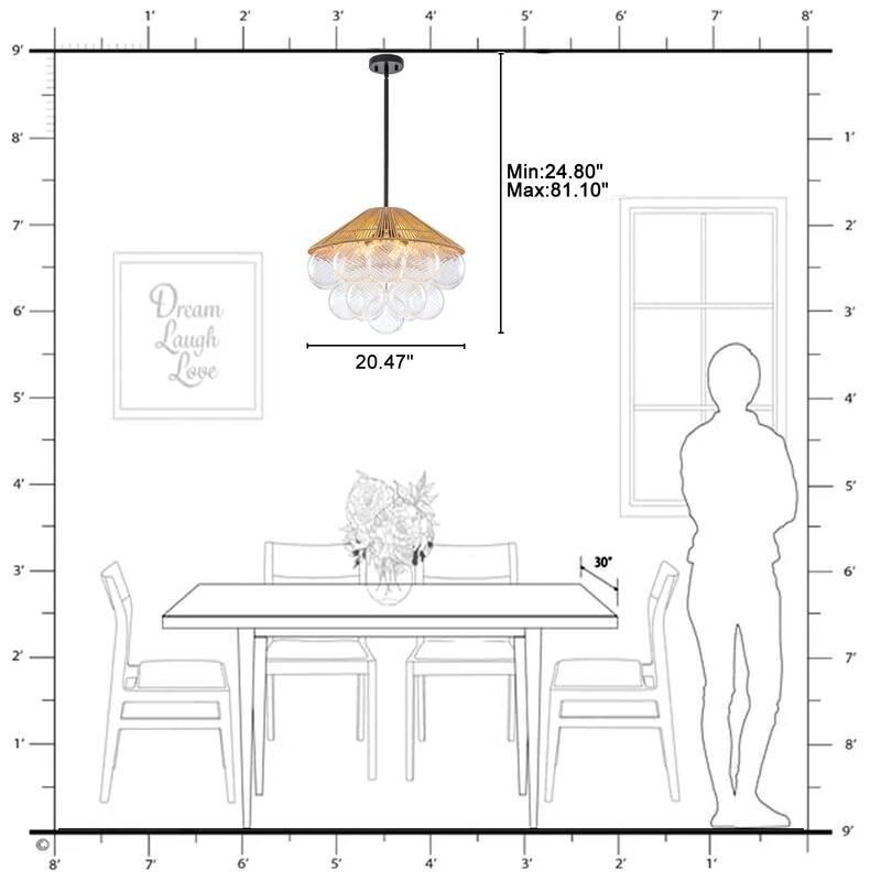 20.5" 4-Light Farmhouse Rope Chandelier Cone Shades Clear Glass Balls - Dia.20.5-in