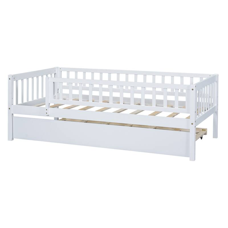 White Twin Wood Daybed with Trundle and Safety Guardrails