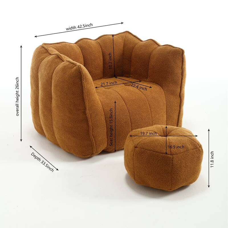 Modern Chenille Bean Bag Chair with Ottoman, Set of 1