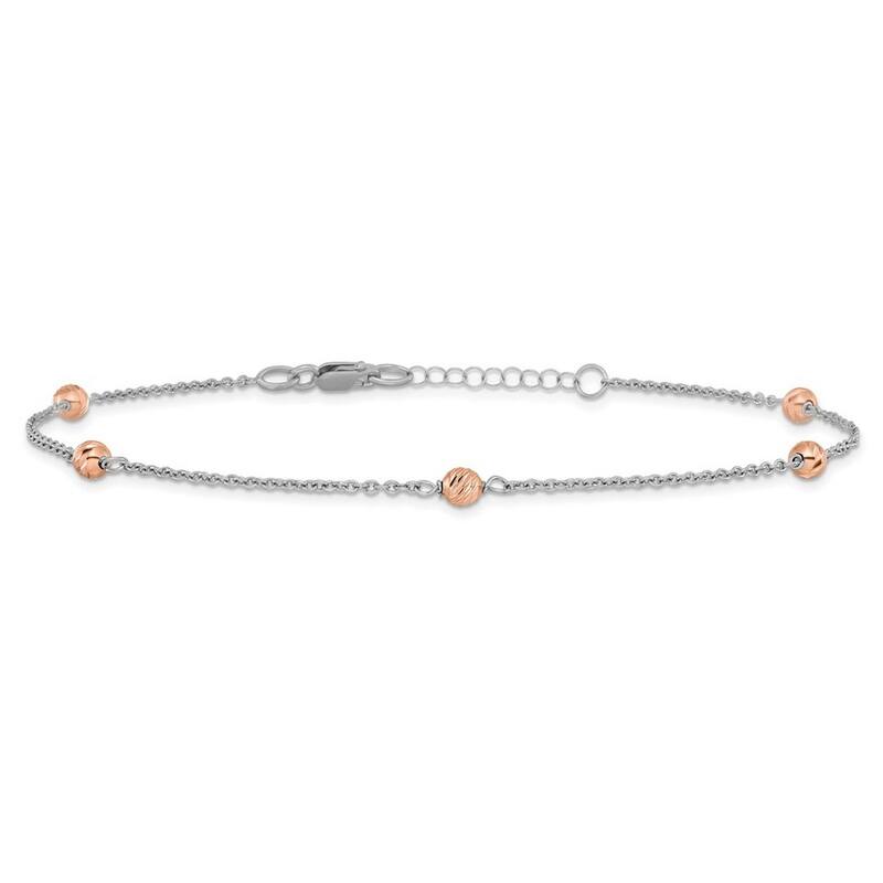 Curata 14k Two-tone Gold Polished Sparkle Cut Beaded With 1inch Ext. Anklet 9.5 Inch