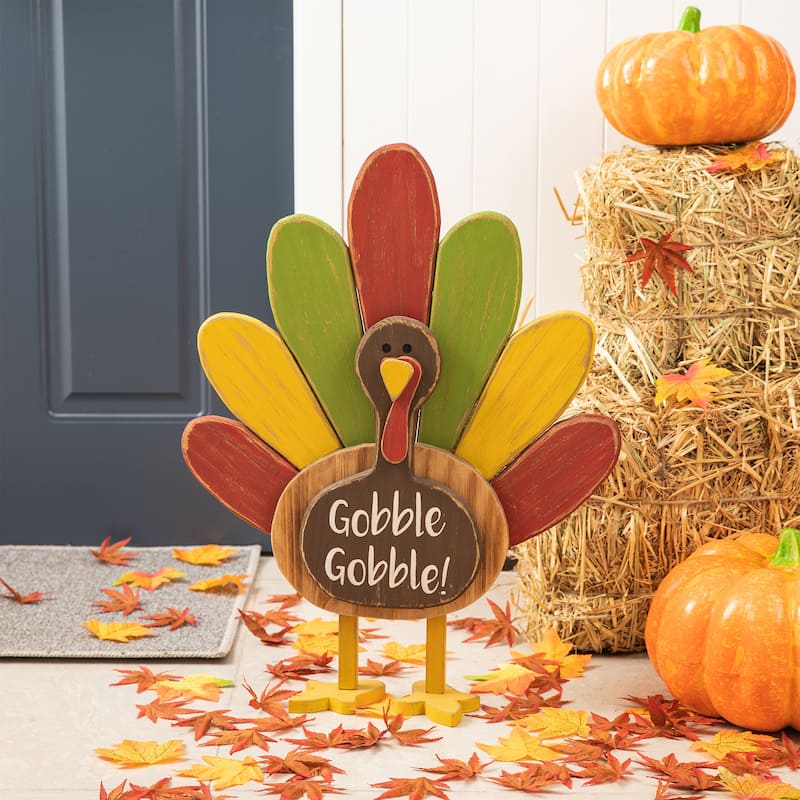 Glitzhome 24"H Thanksgiving Wooden Turkey Standing Decor