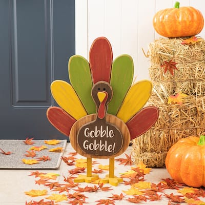 Glitzhome 24"H Thanksgiving Wooden Turkey Standing Decor