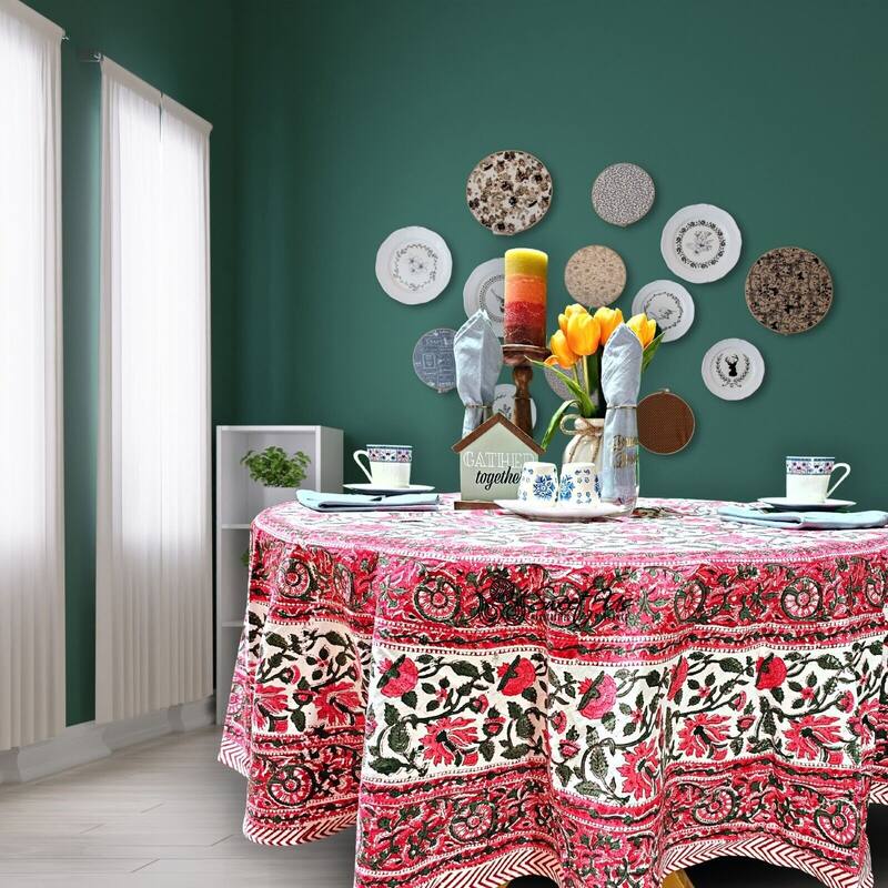 Romantic Floral Block Print Tablecloth Collection - 72-in Round