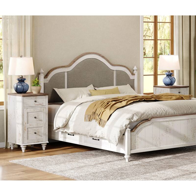 Set of 2 End Tables with Charging Station & Drawer Storage Cabinet - Rustic White