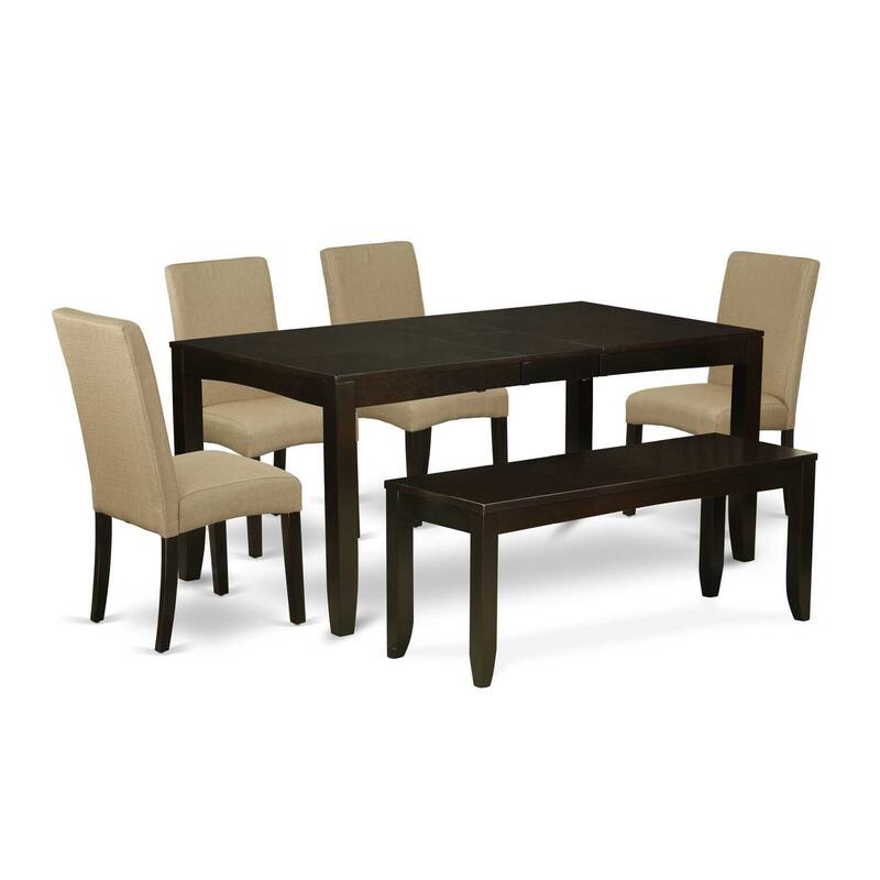Contemporary 6Pc Dining Set - 48/60" Table, 4 Parsons Chairs & Bench - Linen Fabric, Cappuccino Finish