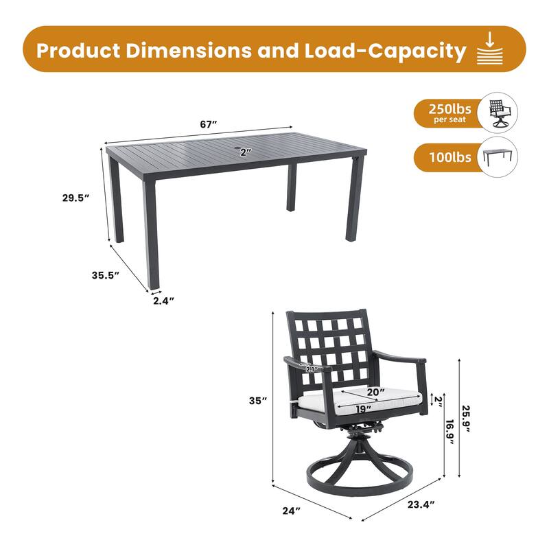Modern Classic 7-Piece Outdoor Patio Dining Set, a Rectangular Table & Six Swivel Rock Dining Chairs
