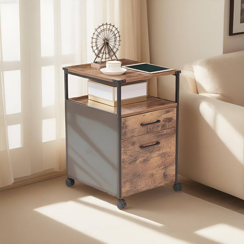 JJS Mobile Wood File Cabinet Open Shelf Filing Storage & Printer Stand for Letter-Size Hanging Files, Home Office Organizer - Brown