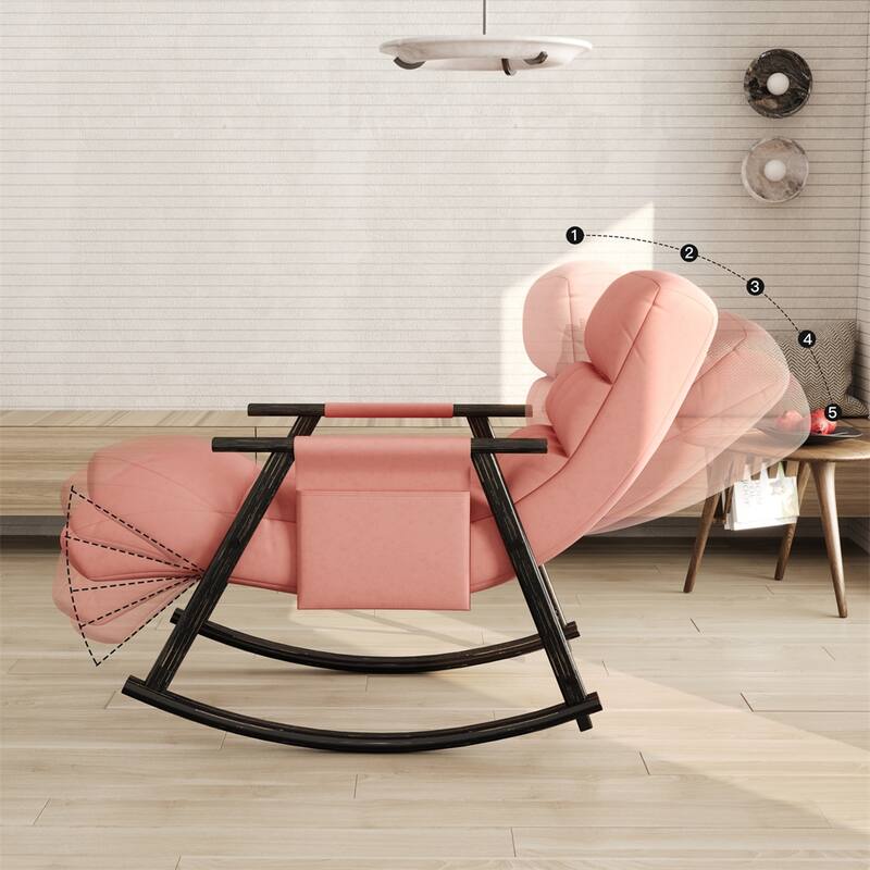 Folding Rocking Upholstered Chair with Adjustable Back and Footrest - Pink