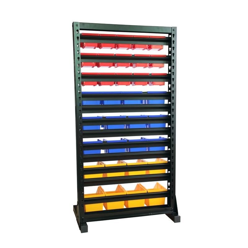 King's Rack Hanging Bin Rack Storage System Heavy Duty Steel Rack Organizer Shelving Unit w/ 70 Plastic Bins in 8 tiers.