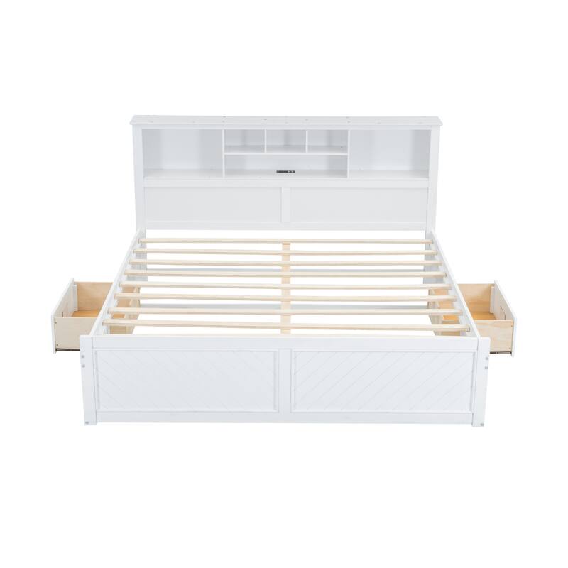 King Size Wood Platform Bed with Storage Headboard, USB and Drawers, Storage Bed with Slats for Bedroom, Apartment