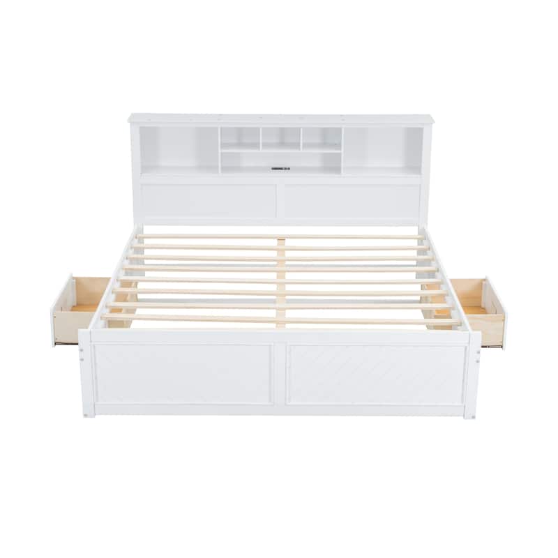 King Solid Wood Bed with Storage Headboard, 2 Drawers & USB Ports