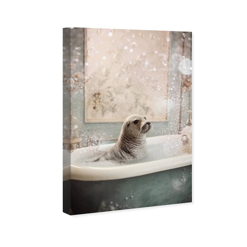 Wynwood Studio Canvas Animals Seal Bubble Bath White and Light Blue Traditional Wall Art Canvas Print - White, Blue