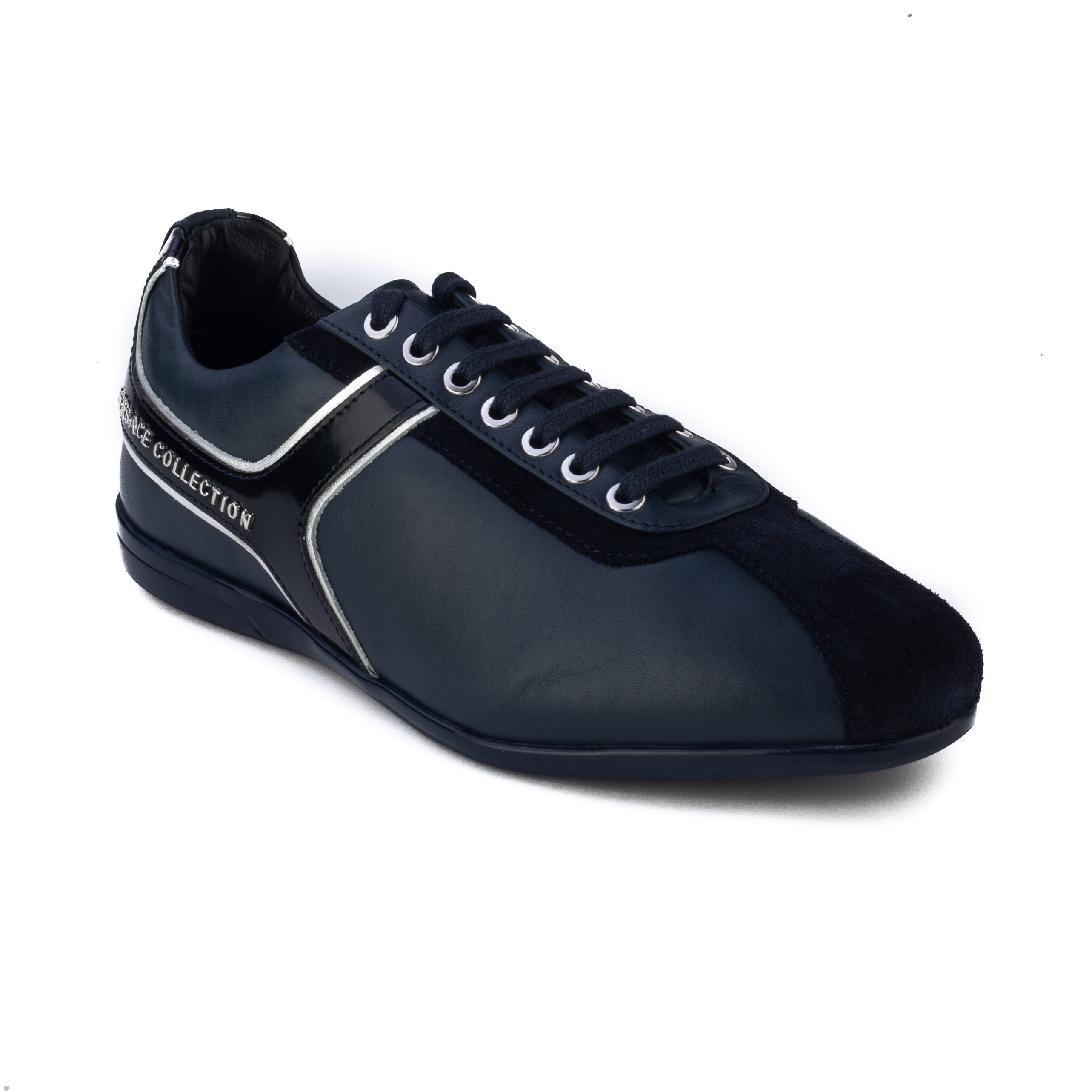 Versace Collection Men%27s Leather Low Top Sneaker Shoes Navy Blue Silver