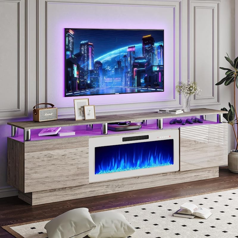 BOSSIN 80" TV Stand Entertainment Center with 36" Electric Fireplace, for TVs up to 90", High Gloss Cabinet with LED Light - New Grey