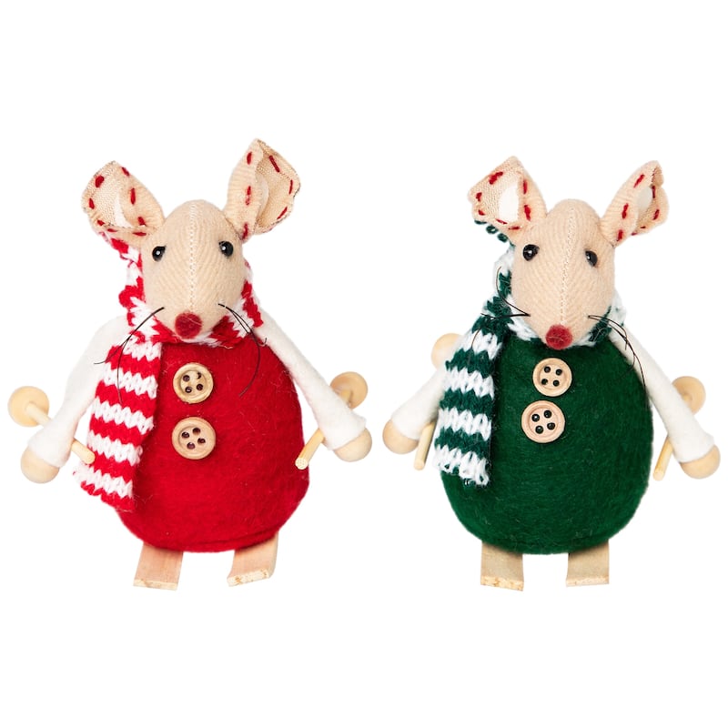 Skiing Mice Christmas Decorations - 3.5" - Set of 2