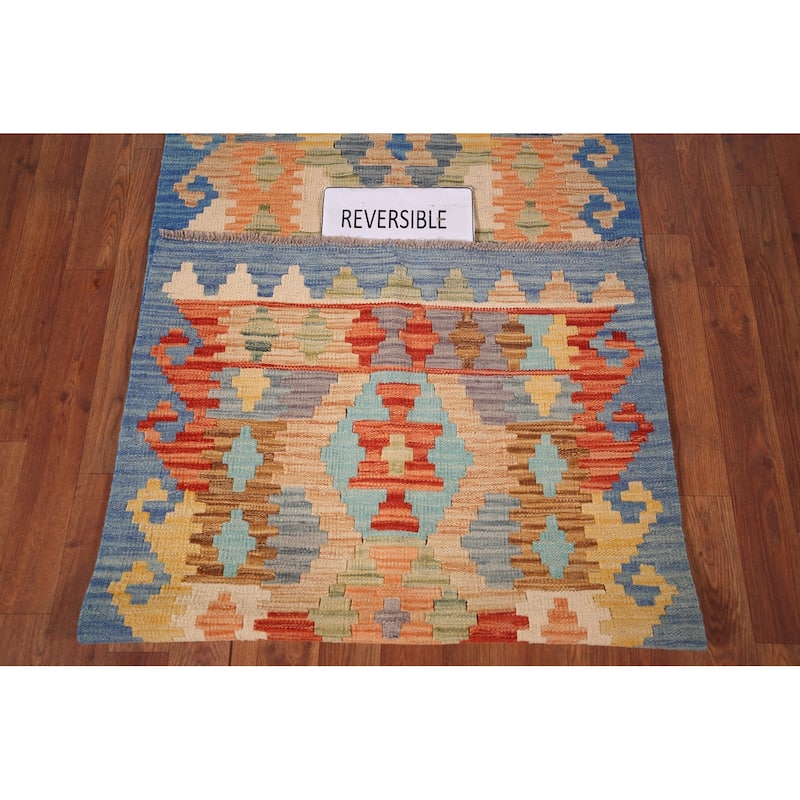 Geometric Kilim Reversible Runner Rug Flatweave Wool Carpet - 2'8"x 9'6"