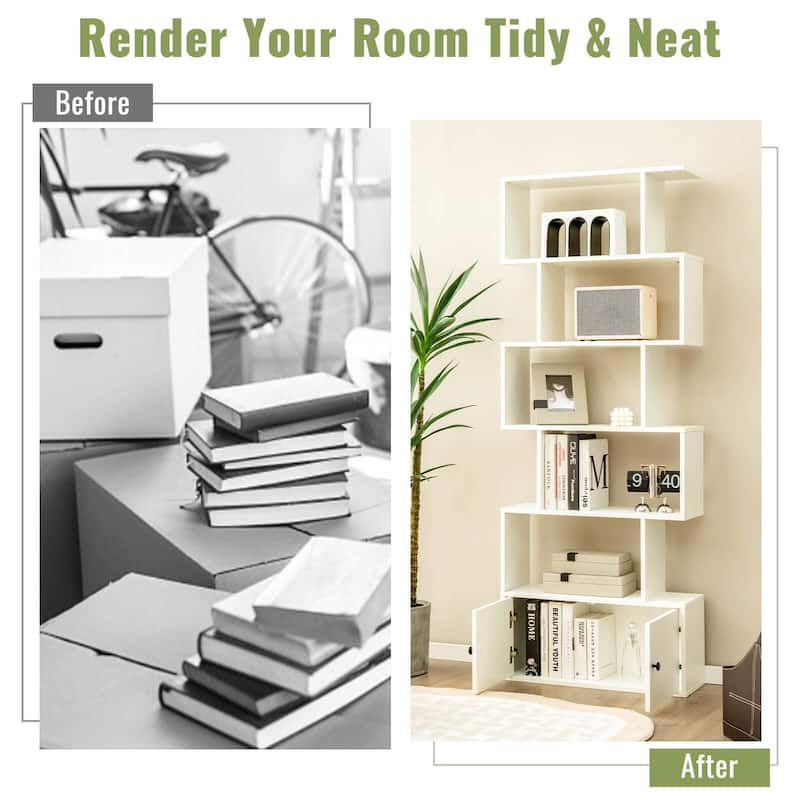 6-Tier Freestanding Modern S-Shaped Bookshelf with Storage Cabinet for Living Room and Office Use - 27.5" x 9" x 72" (L x W x H)