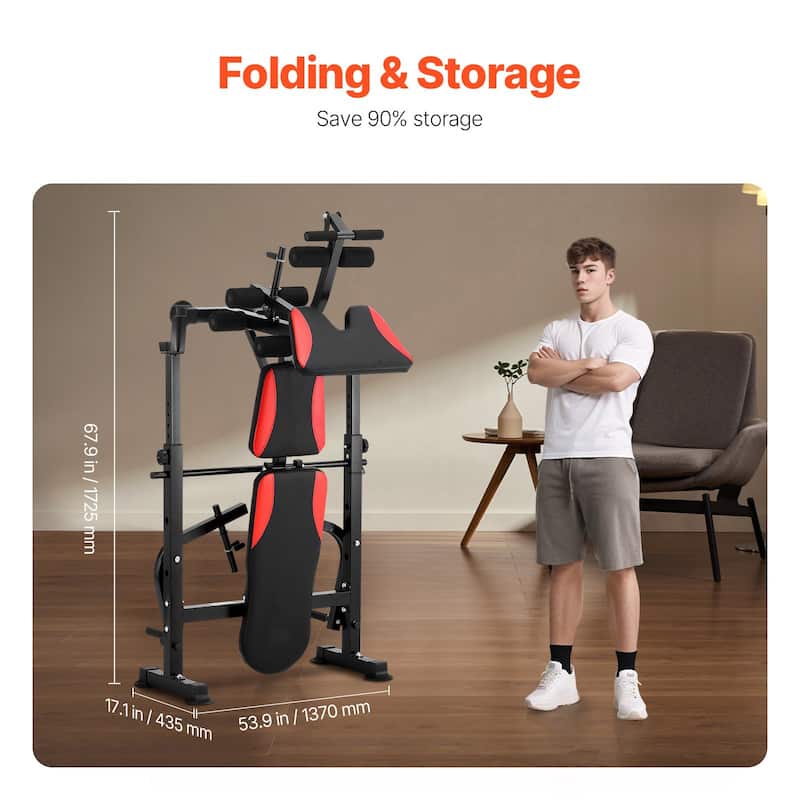 Black Red Steel Workout Bench with Rack, Foldable and Adjustable - 68.1” L x 53.9” W x 51.2” H