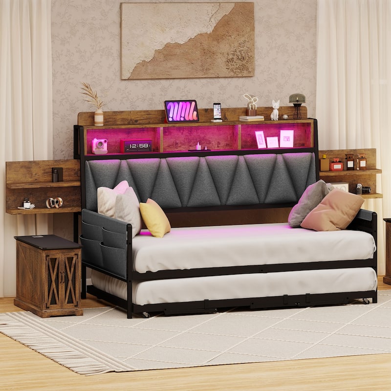 Twin Size Daybed with Trundle Heavy Duty Metal Frame RGB LED Lights Bookcase Headboard and Charging Station