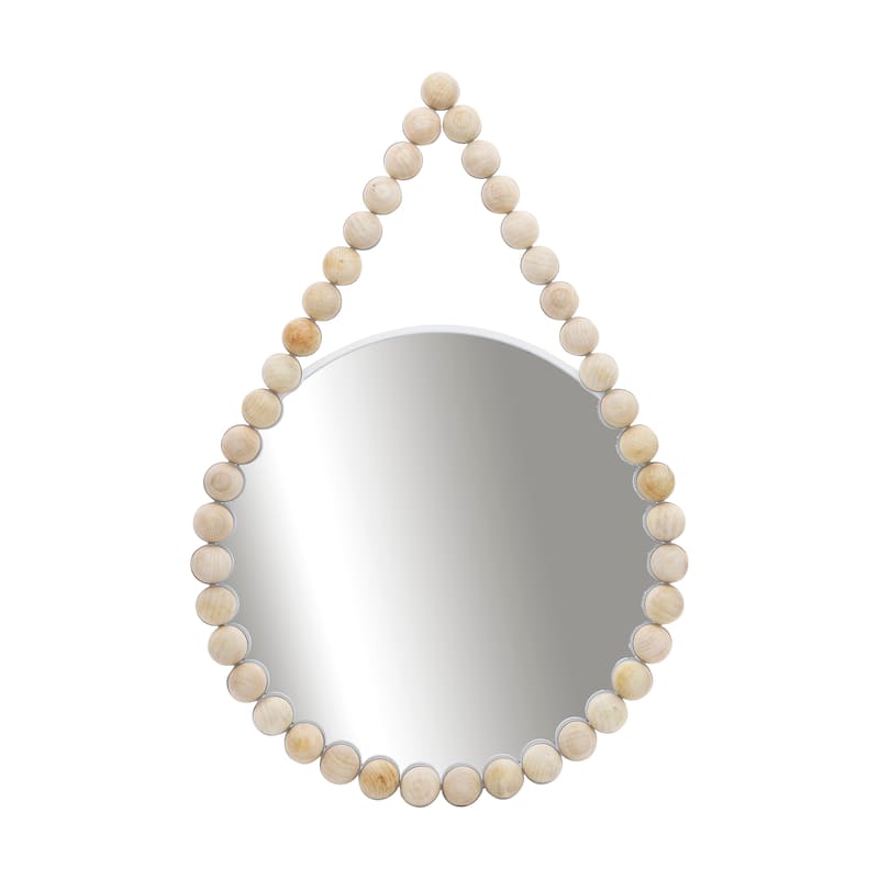 36" Beaded Round Mirror Contemporary Boho Coastal White and Natural Hanging Wooden Wall Mirror Decorative Mirror