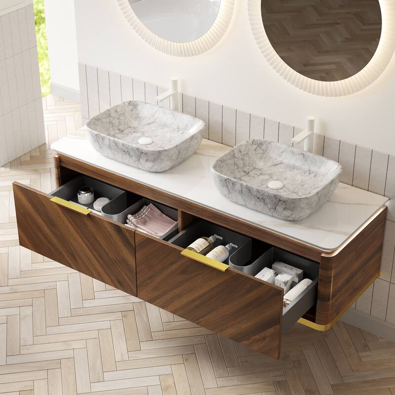 GDFStudio - Dipa 60" Bathroom Vanity with 2 Marble Vessel Basins, Sintered Stone Countertop & Sensor Light, WITHOUT Faucet - Dark Walnut