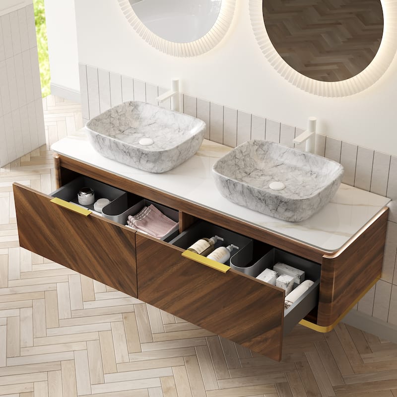 GDFStudio - Dipa 60" Bathroom Vanity with 2 Marble Look Vessel Basins, Sintered Stone Countertop & Sensor Light, WITHOUT Faucet