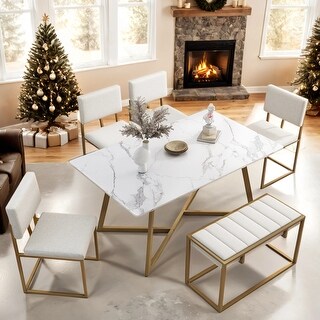 6-Piece Dining Table and Upholstered Chairs and Bench Set - Bed Bath ...