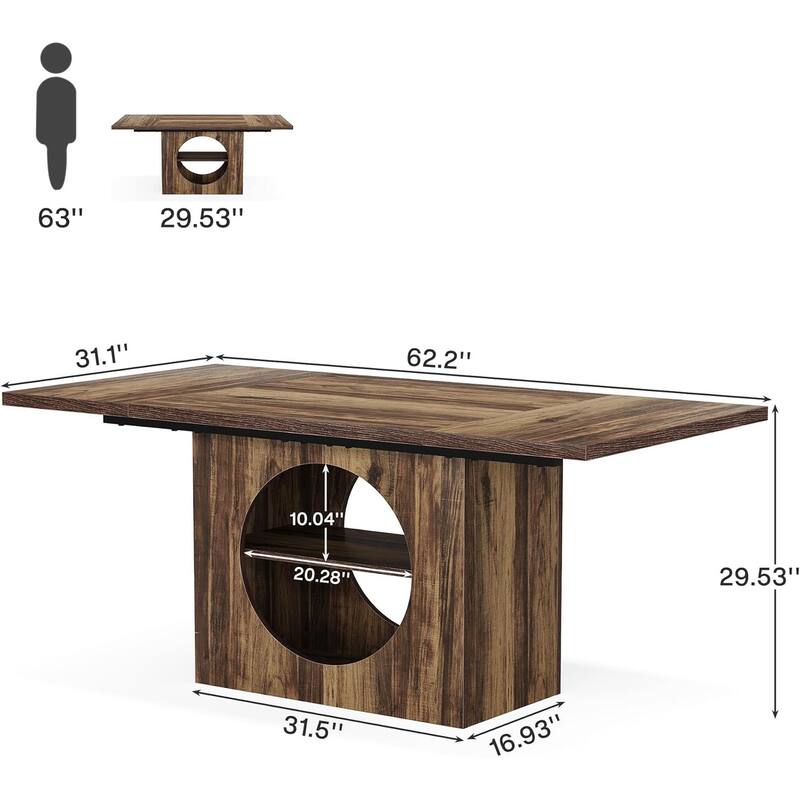 Brown Rectangular Dining Table with 2 Tier Storage Seats 4 to 6 Modern Wood Dining Table for Home - 62.2" x 31.1" x 29.53"