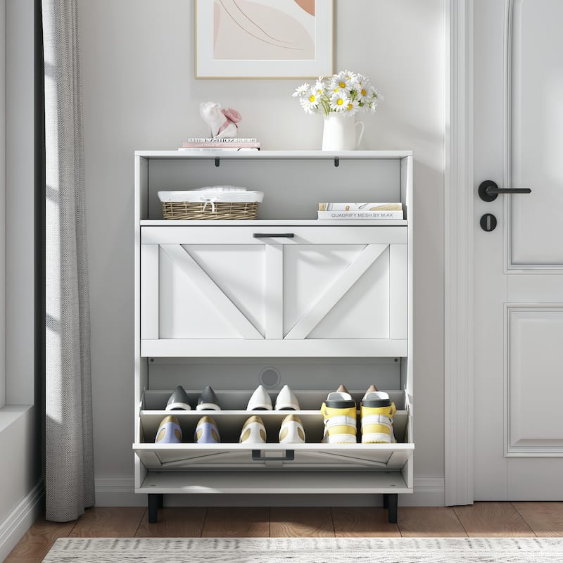 Slim Freestanding Shoe Organizer Cabinet with Barn Door Design, Adjustable Shelves and Top Shelf Storage for Entryway, Foyer