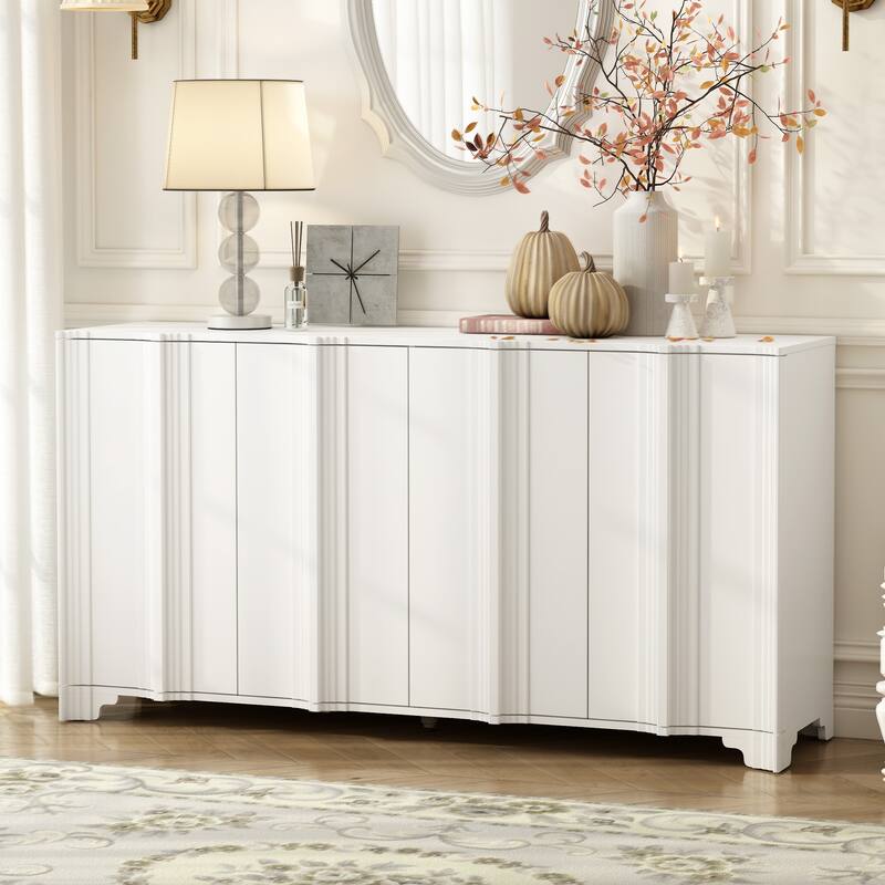 Pine Veneer Sideboard Cupboard, Entryway Cabinets Accent Cabinet with 4 Linear Pattern Door & Triangular Legs for Hallway