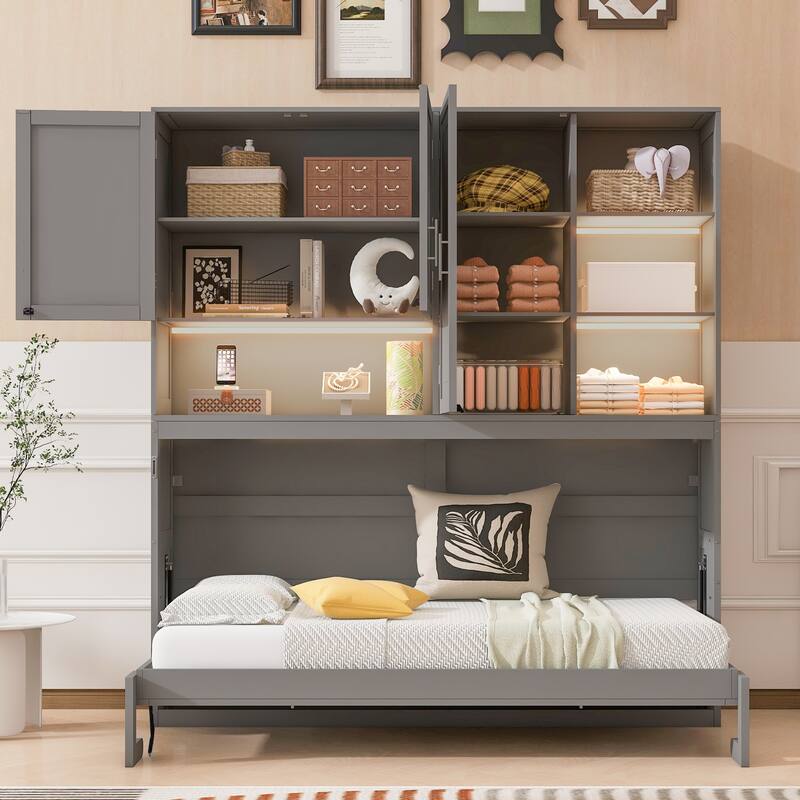 Roomfitters Twin Wall Murphy Bed with Top Cabinet Shelves Space Saving Design MDF - Grey