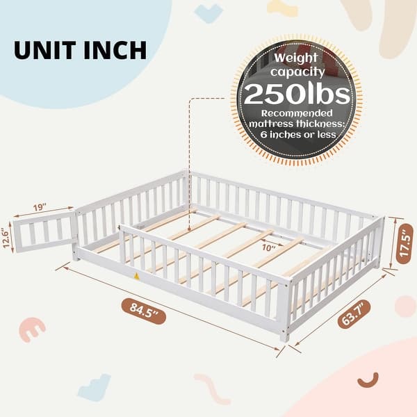 dimension image slide 5 of 10, Twin/Full/Queen Size Floor Bed with Safety Guardrails, Toddler Floor Bed for Girls and Boys