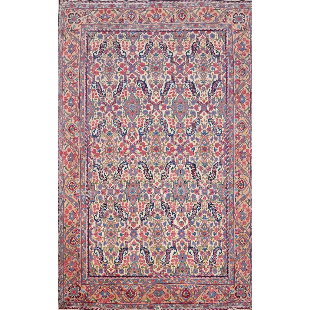 Hand Knotted Oriental 100% Wool Carpet Traditional Floral Beige & Ivories Kerman Area Rug - 11' 5'' X 8' 1''