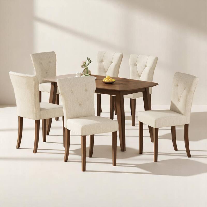 7-Piece Rubberwood Dining Set with Faux Wood Tabletop, Dining Chairs Set of 6, Modern Dining Table for Kitchen & Dining Room - Cream,Walnut