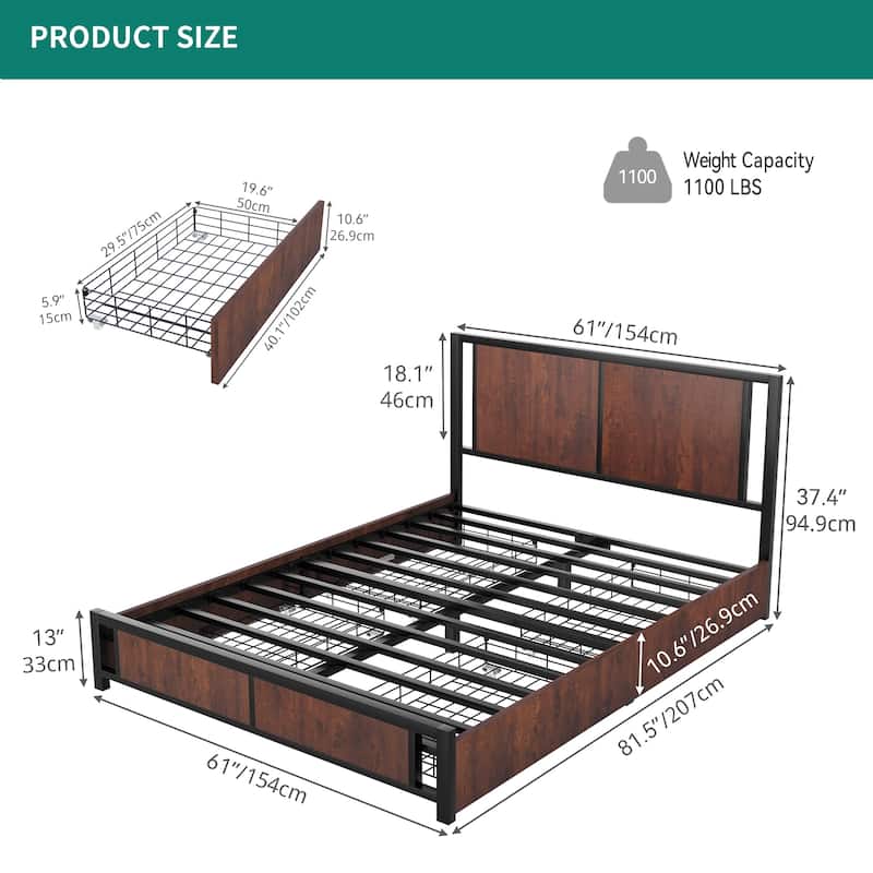 Queen Vintage Wood and Metal Headboard Platform Bed
