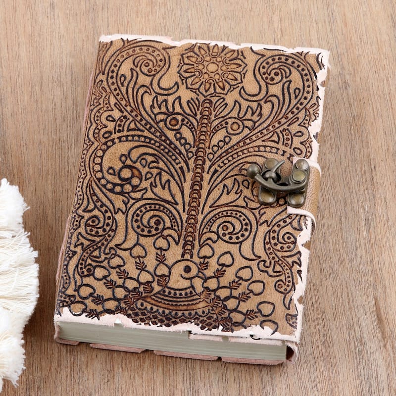 Novica Handmade Peacock Glory Embossed Leather Journal