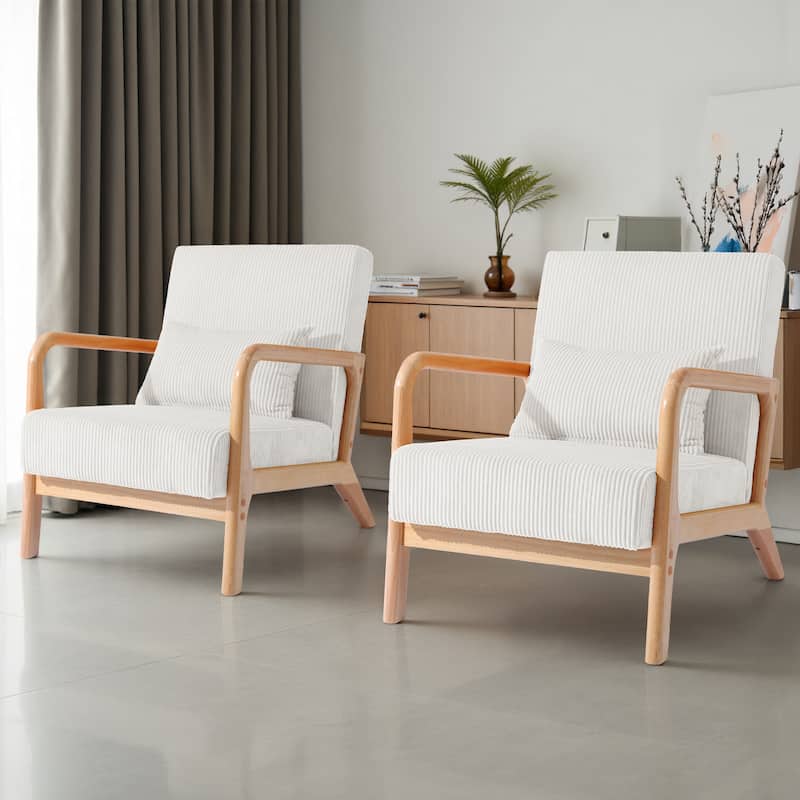 Modern Upholstered Accent Chair with Wood Legs Set of 2 - Natural Frame - Beige/Brown